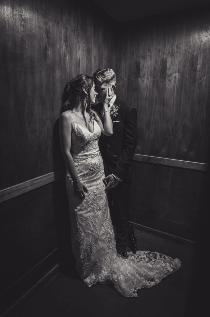 Black and white image of bride and groom